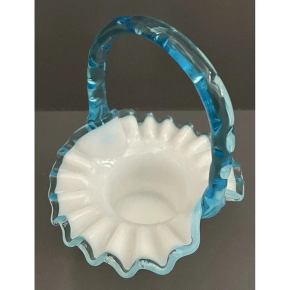 Fenton Basket Aqua Blue Crest Milk Glass‎ Ruffle Edge Bamboo Handle Top Hat VTG - Picture 13 of 13